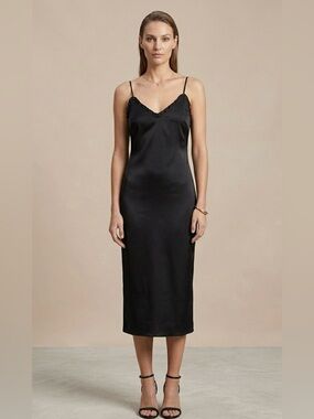 Anthropologie | Maison Cinqcent Black Silk Ruffle V-Neck Midi Slip Dress - XS